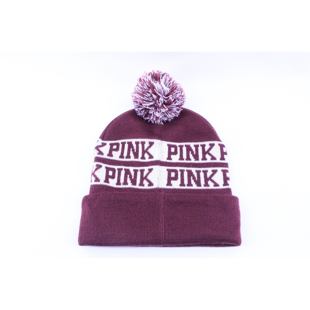 Victoria's Secret VS PINK Maroon and White Beanie Winter Pom Pom Hat‎